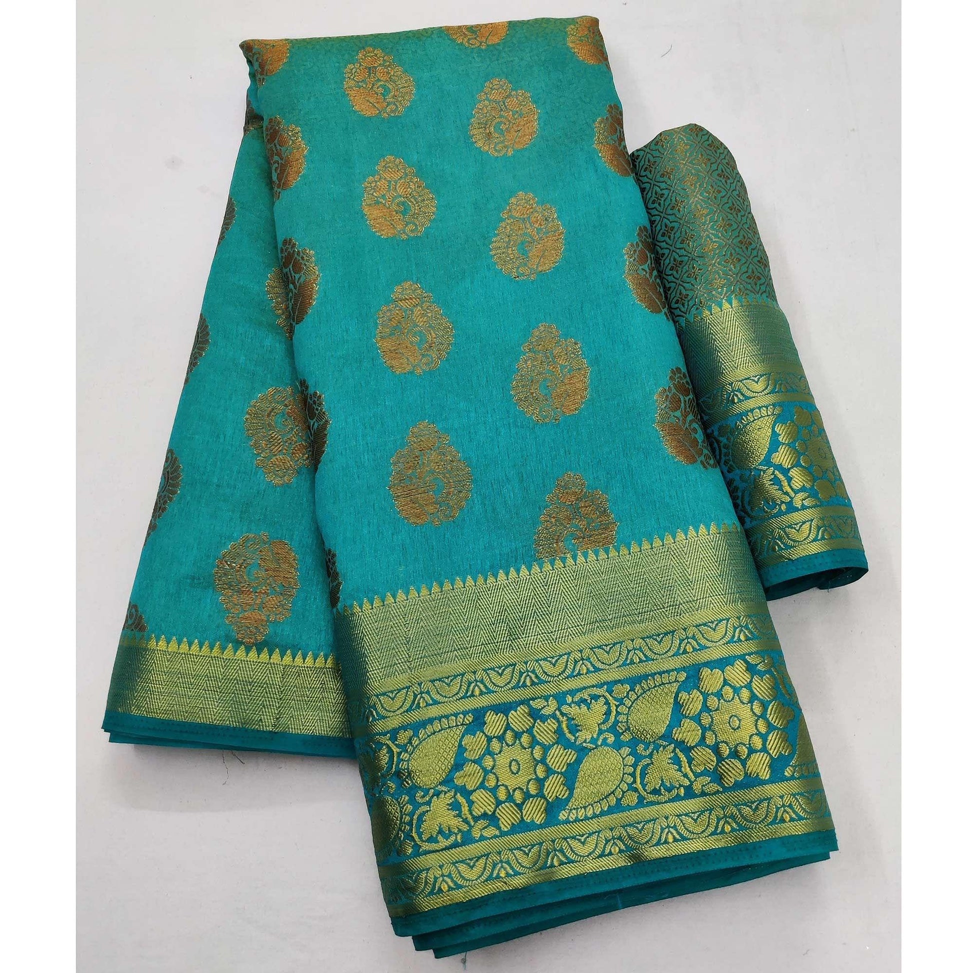 Firozi Festive Wear Woven Soft Silk Saree