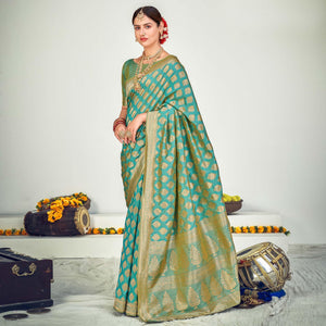 Firozi Festive Wear Zari Woven Banarasi Silk Saree