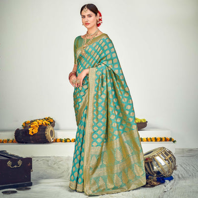 Firozi Festive Wear Zari Woven Banarasi Silk Saree