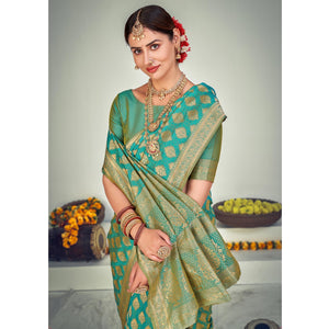 Firozi Festive Wear Zari Woven Banarasi Silk Saree