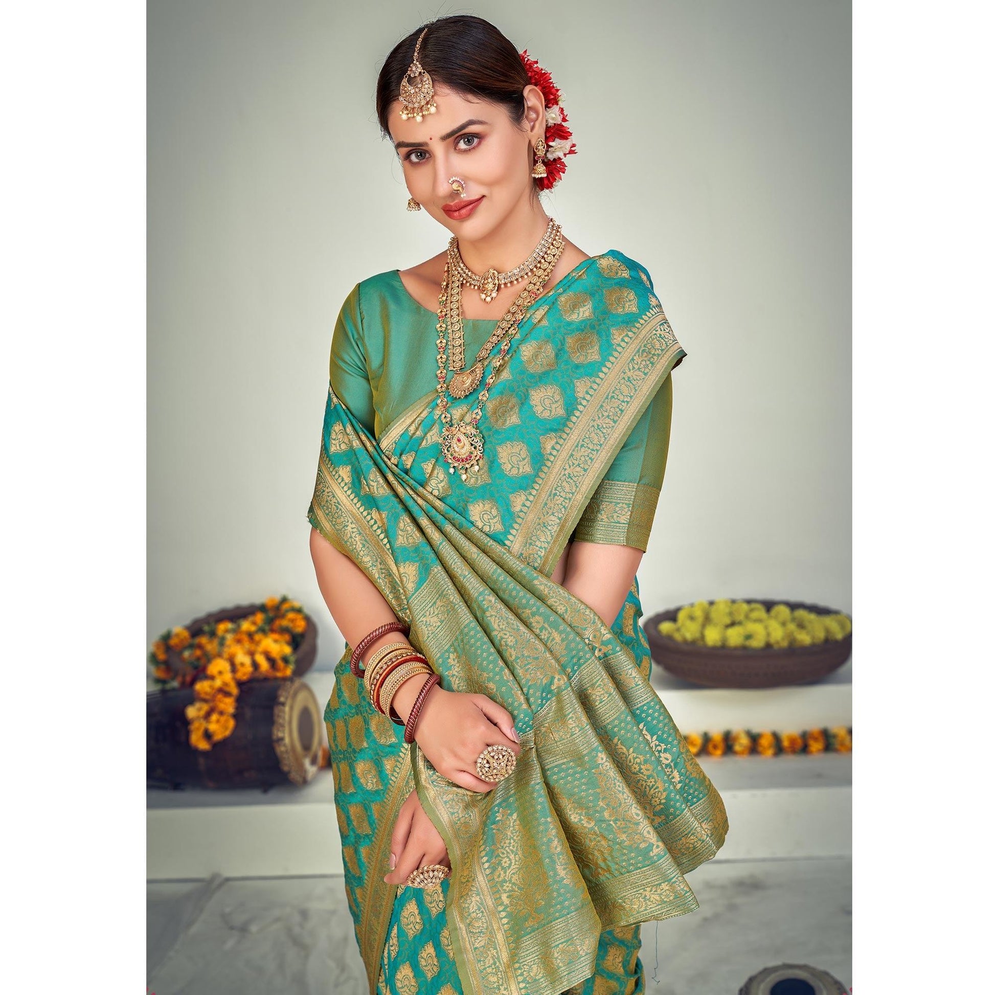 Firozi Festive Wear Zari Woven Banarasi Silk Saree