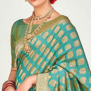 Firozi Festive Wear Zari Woven Banarasi Silk Saree