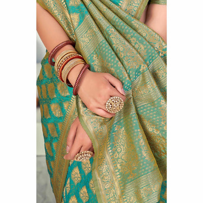 Firozi Festive Wear Zari Woven Banarasi Silk Saree