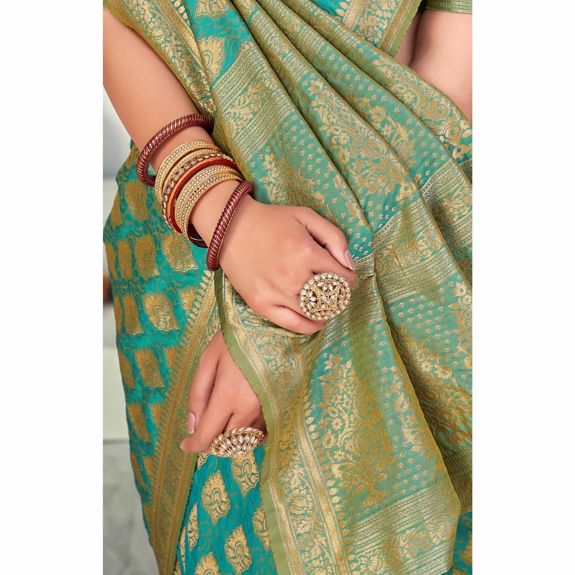 Firozi Festive Wear Zari Woven Banarasi Silk Saree
