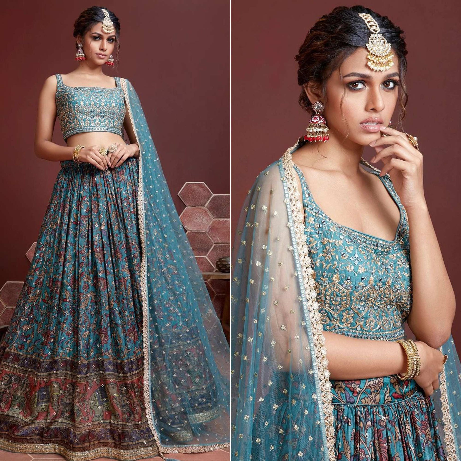 Firozi Party Wear Embroidered & embellished Silk Lehenga Choli