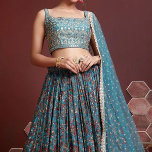 Firozi Party Wear Embroidered & embellished Silk Lehenga Choli