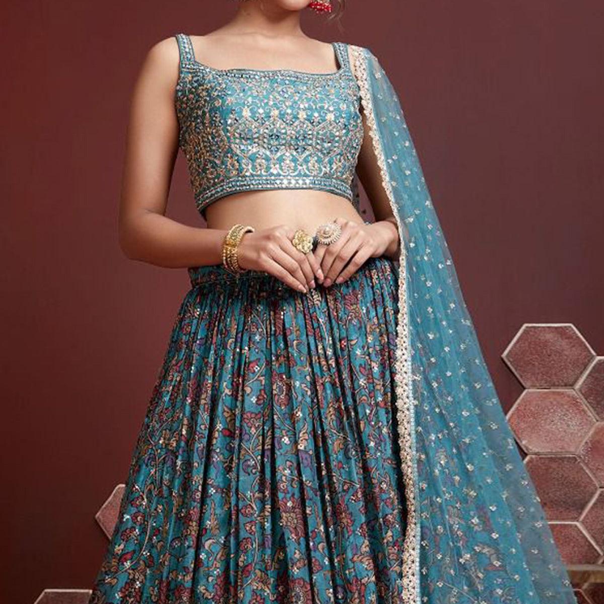 Firozi Party Wear Embroidered & embellished Silk Lehenga Choli