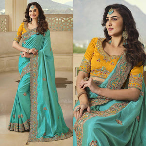 Firozi Party Wear Embroidered Satin Saree
