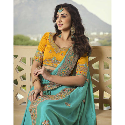 Firozi Party Wear Embroidered Satin Saree