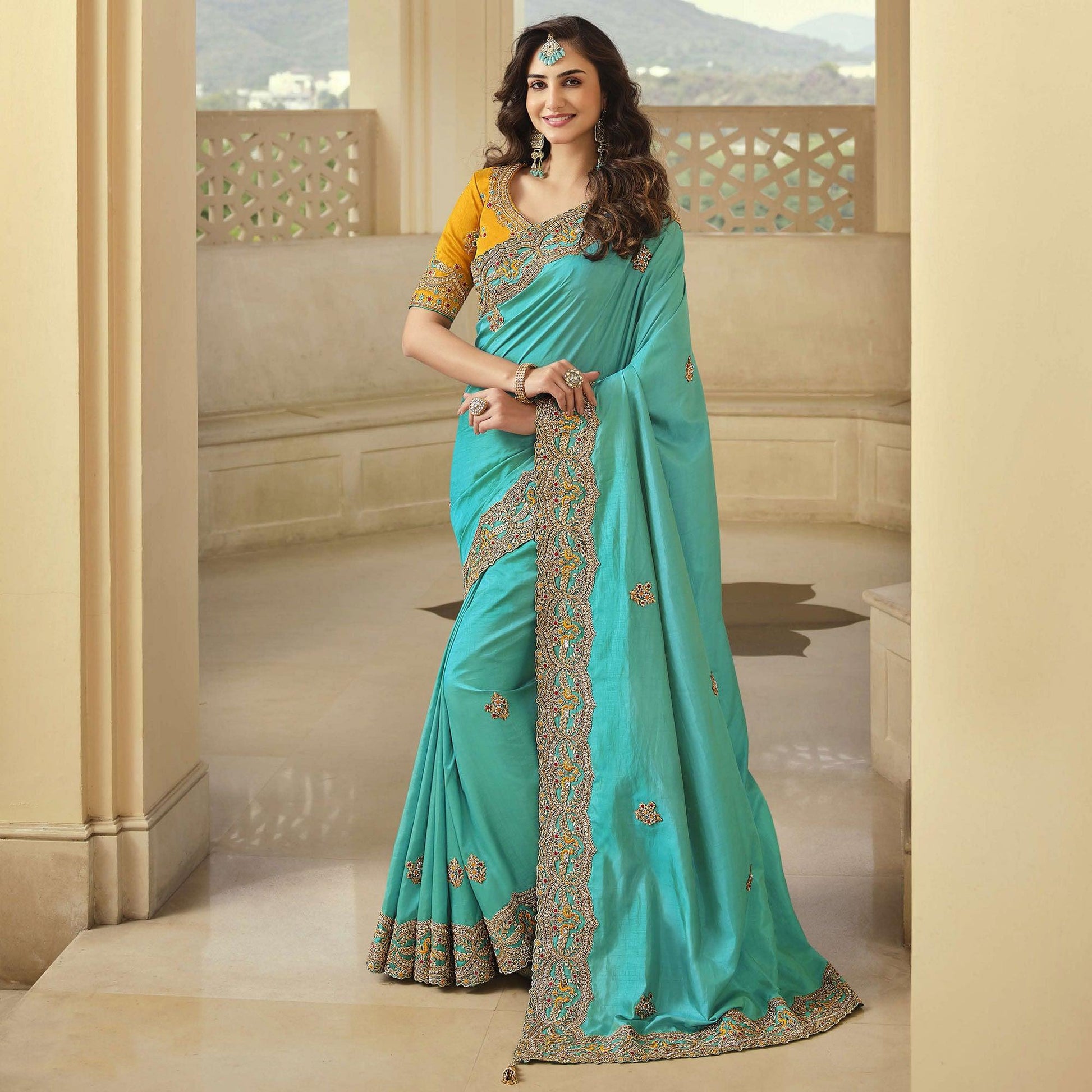 Firozi Party Wear Embroidered Satin Saree