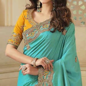 Firozi Party Wear Embroidered Satin Saree