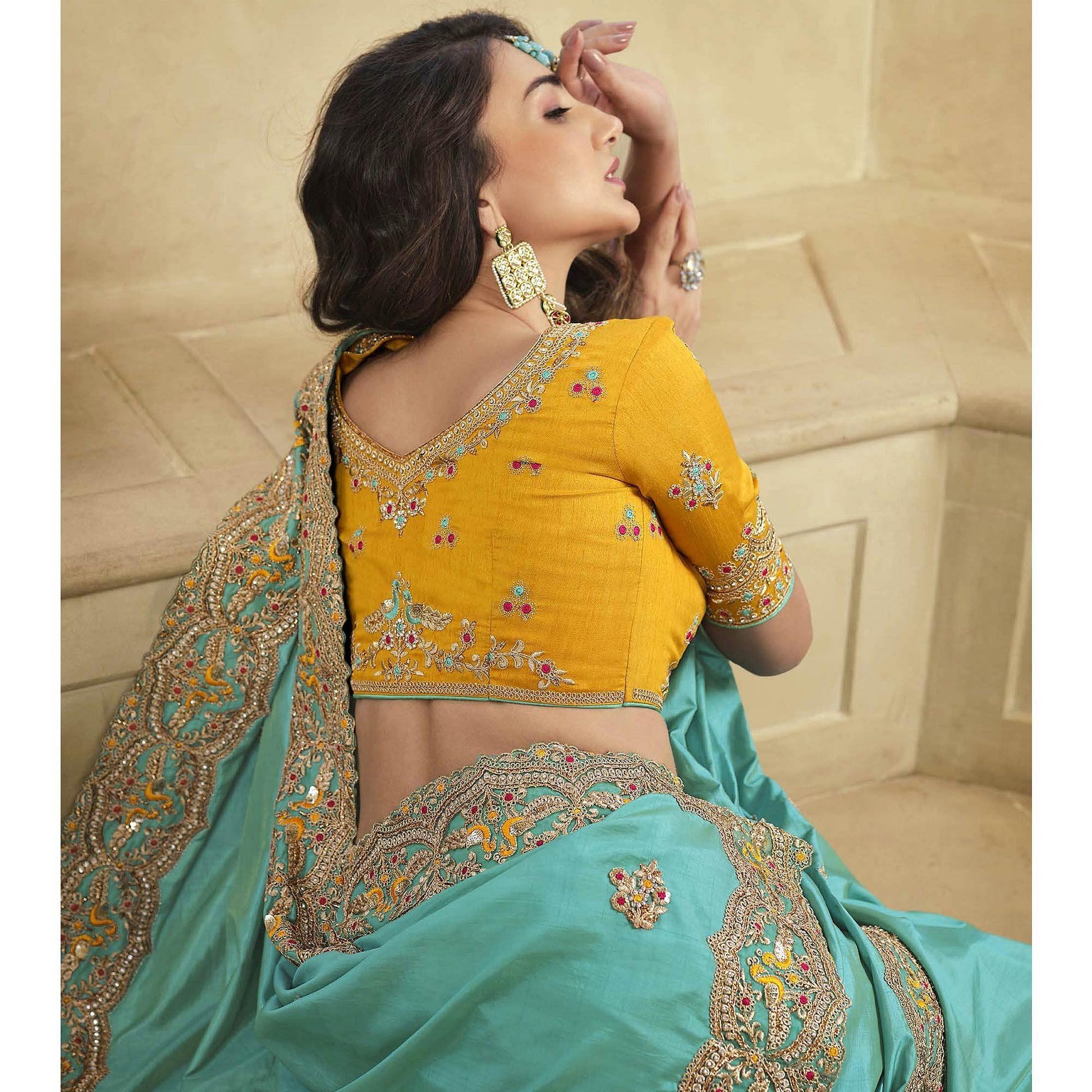 Firozi Party Wear Embroidered Satin Saree