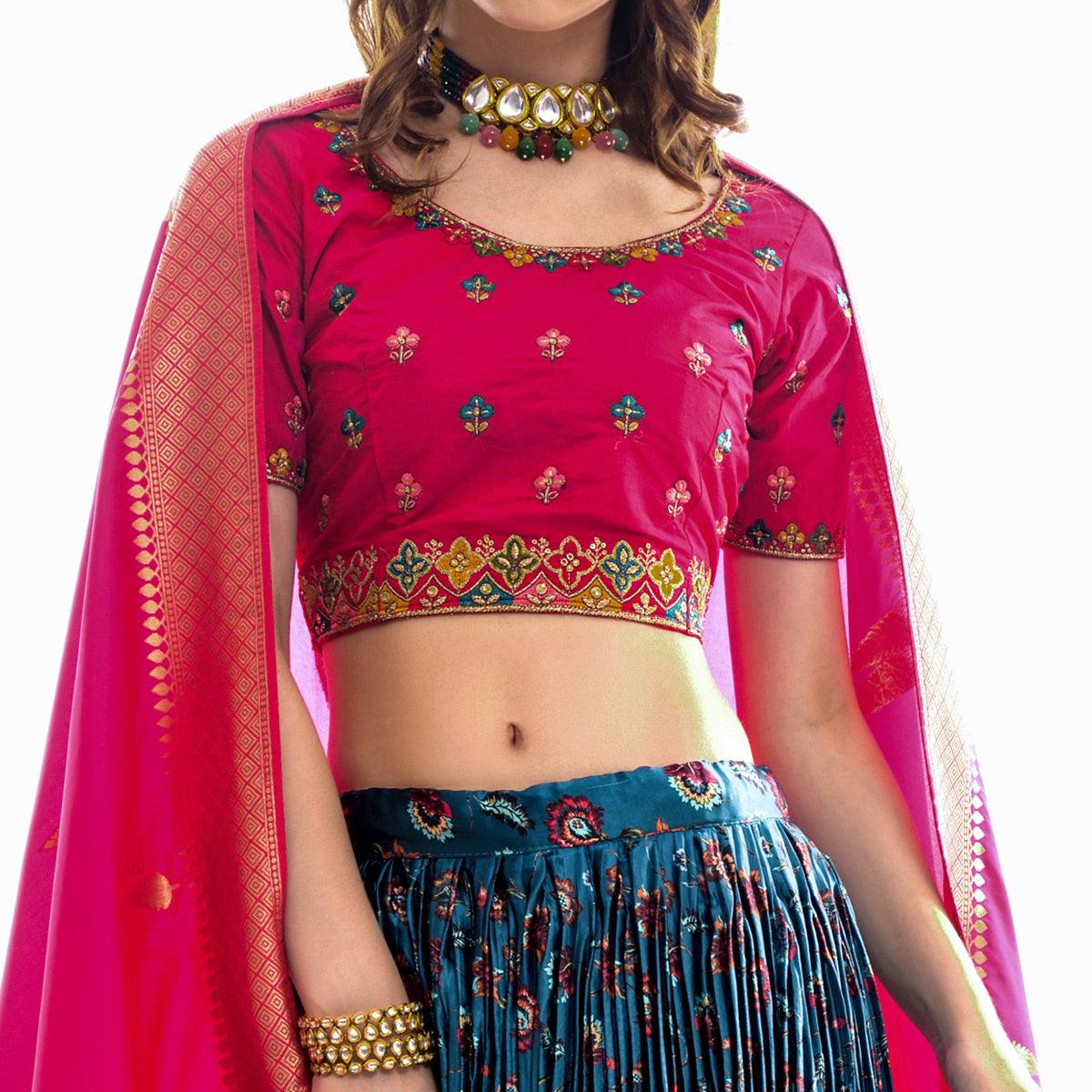 Firozi Partywear Embroidered Satin Lehenga Choli