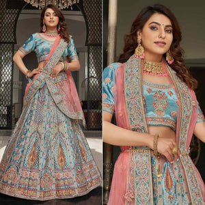 Firozi Partywear Sequins Floral Embroidered Velvet Lehenga Choli