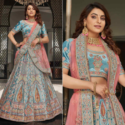 Firozi Partywear Sequins Floral Embroidered Velvet Lehenga Choli