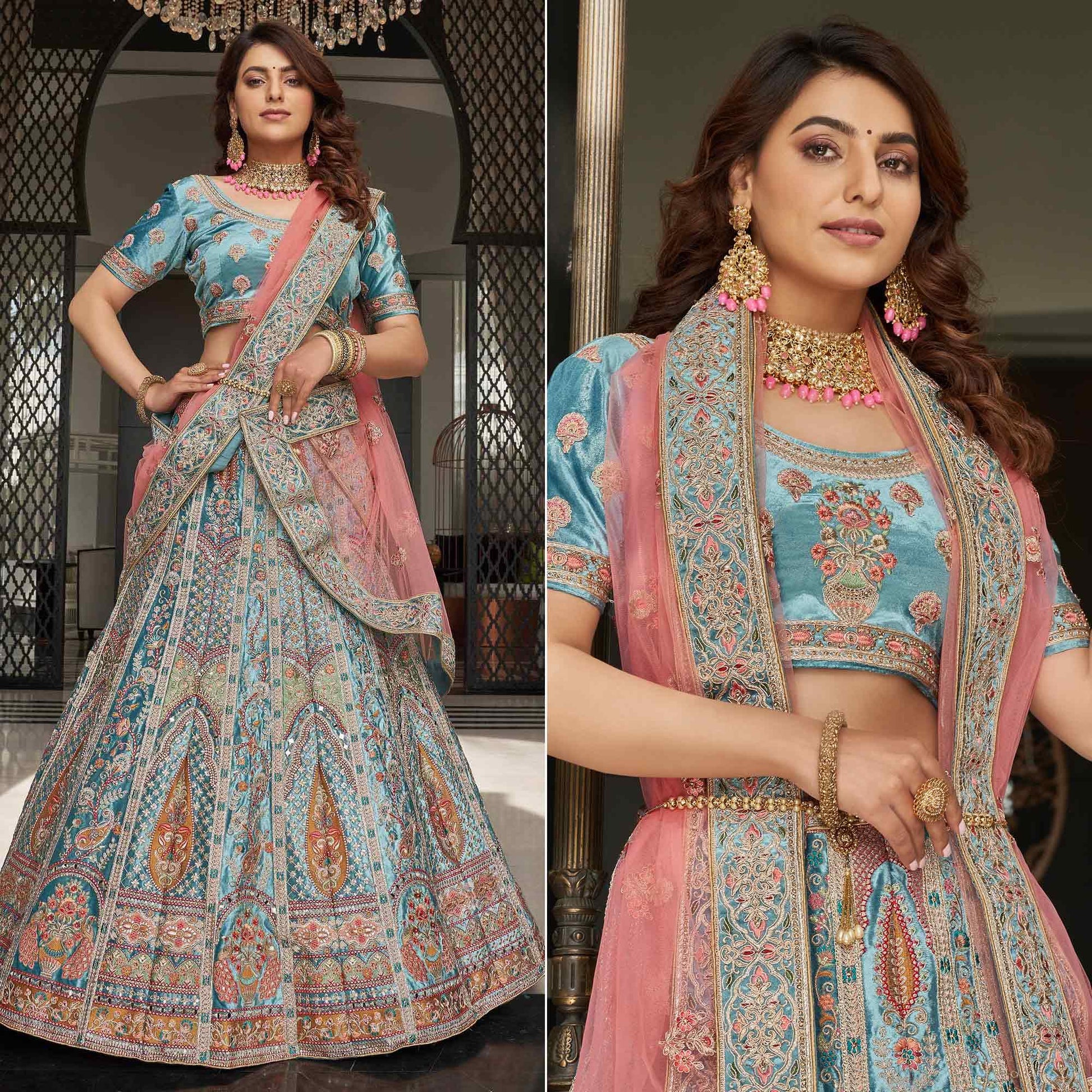 Firozi Partywear Sequins Floral Embroidered Velvet Lehenga Choli