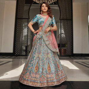 Firozi Partywear Sequins Floral Embroidered Velvet Lehenga Choli