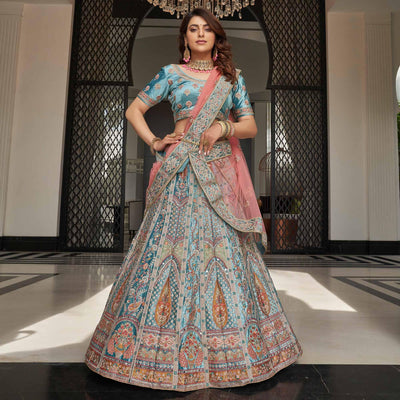 Firozi Partywear Sequins Floral Embroidered Velvet Lehenga Choli