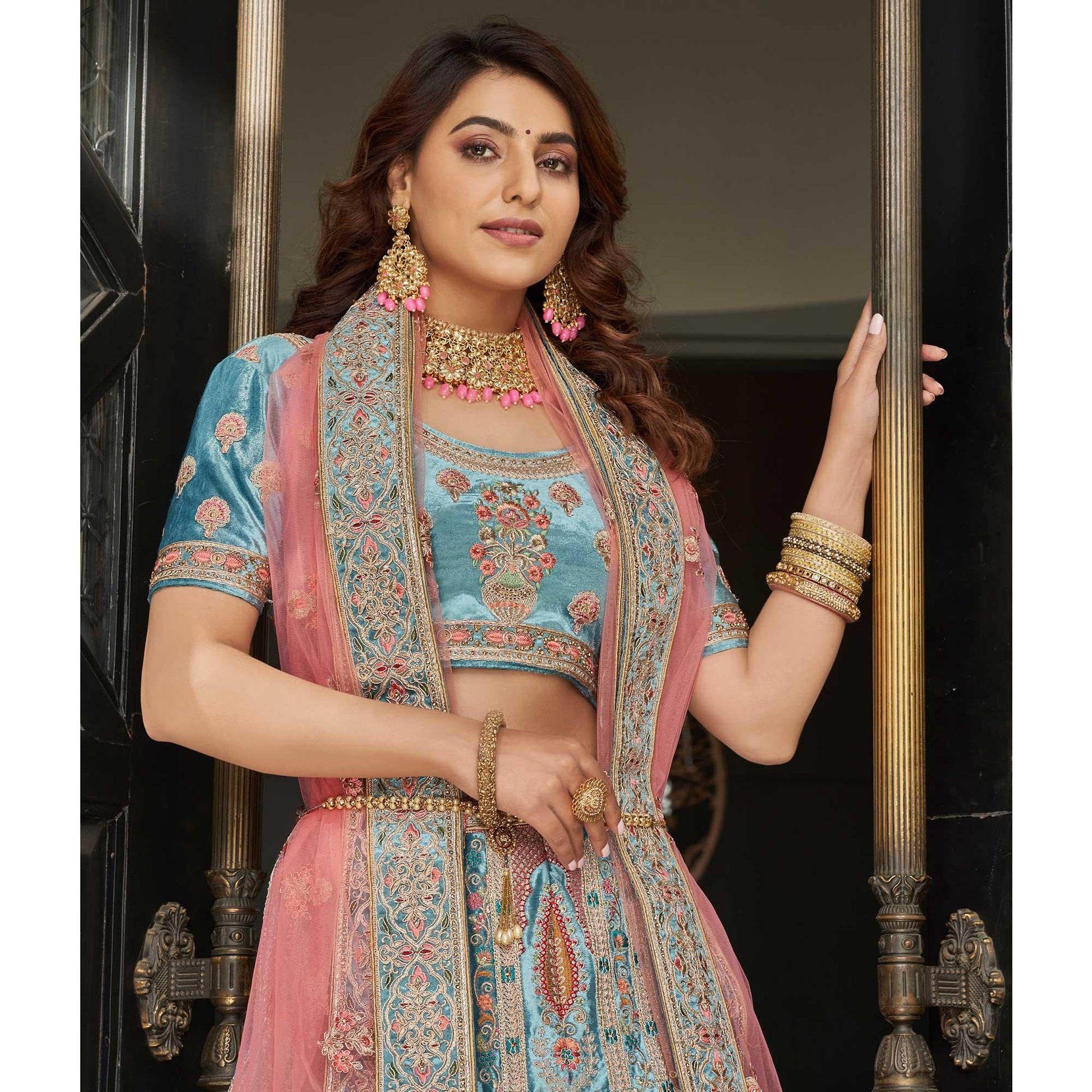 Firozi Partywear Sequins Floral Embroidered Velvet Lehenga Choli
