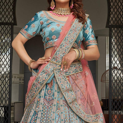 Firozi Partywear Sequins Floral Embroidered Velvet Lehenga Choli