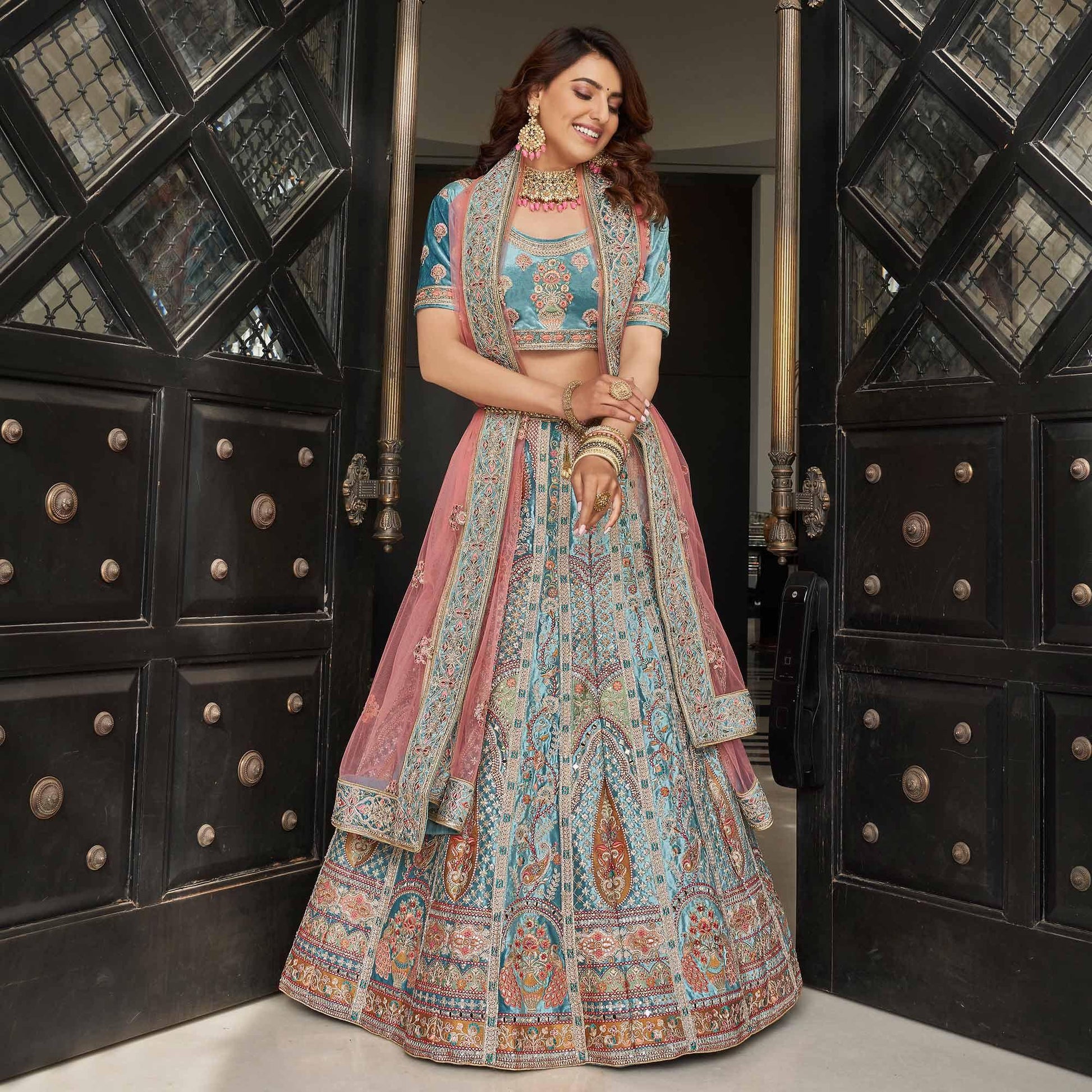 Firozi Partywear Sequins Floral Embroidered Velvet Lehenga Choli
