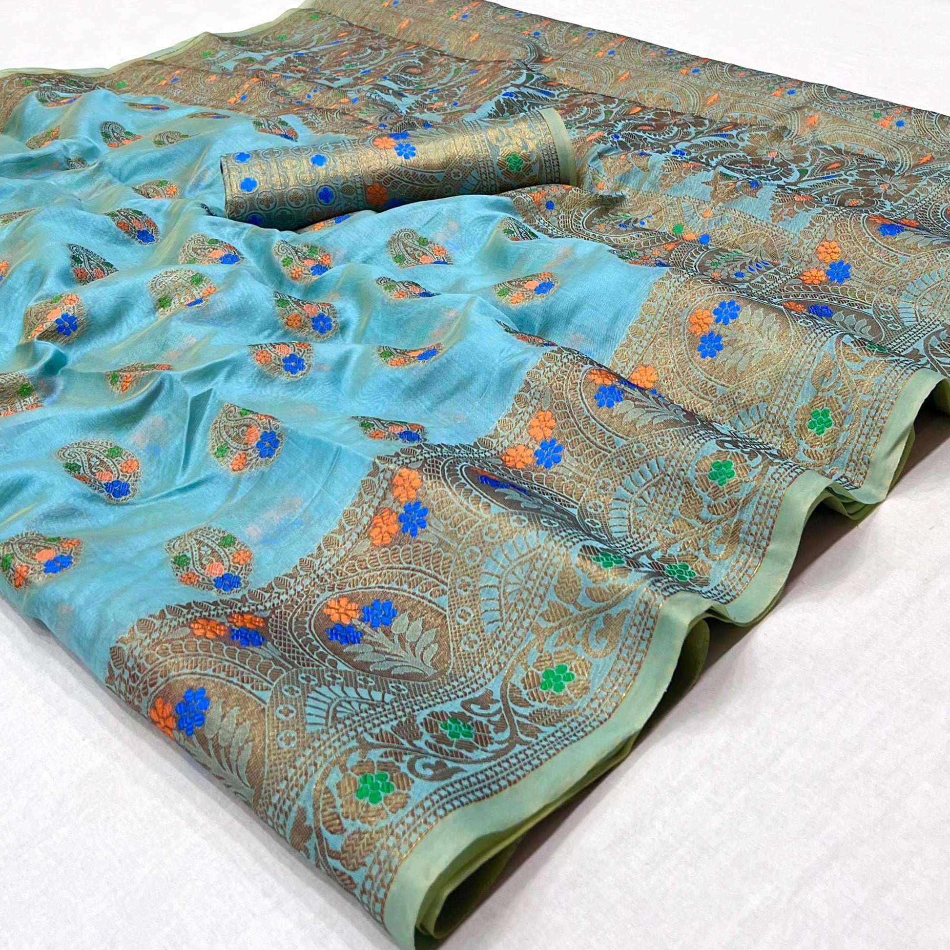 Firozi Woven Organza Saree
