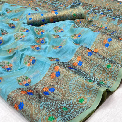 Firozi Woven Organza Saree