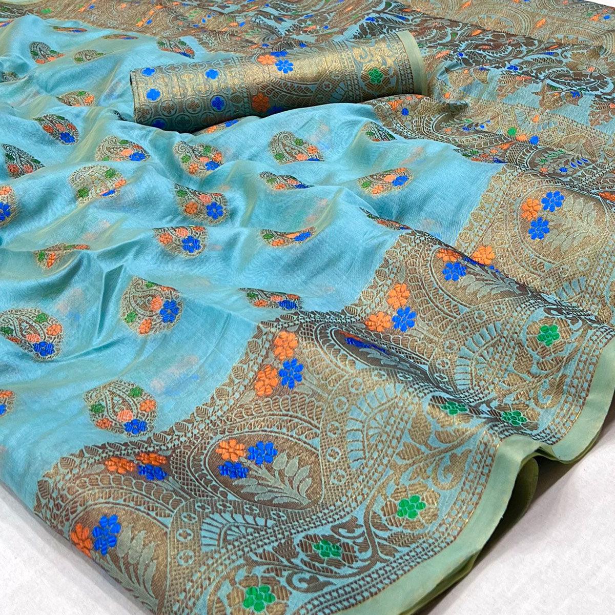 Firozi Woven Organza Saree