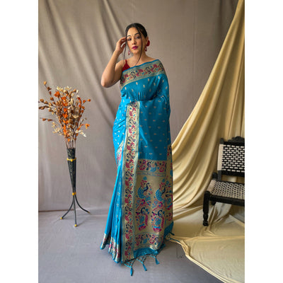 Blue - Paithani Firozi Paithani Silk Handwork Saree