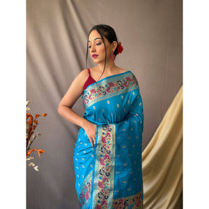 Blue - Paithani Firozi Paithani Silk Handwork Saree
