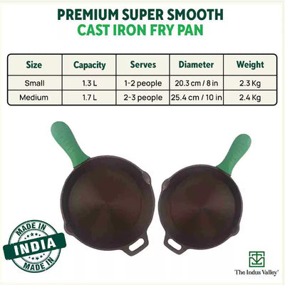 Super Smooth Cast Iron Fry Pan, Silicon Handle, 100% Pure, Toxin-free,Pre-seasoned, Induction, Non-stick, 20.3/25.4cm, 1.3/1.7L, 2.3/2.4kg