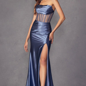 Fitted Strapless Sheer Corset Slit Gown by Juliet 2416 - Outlet