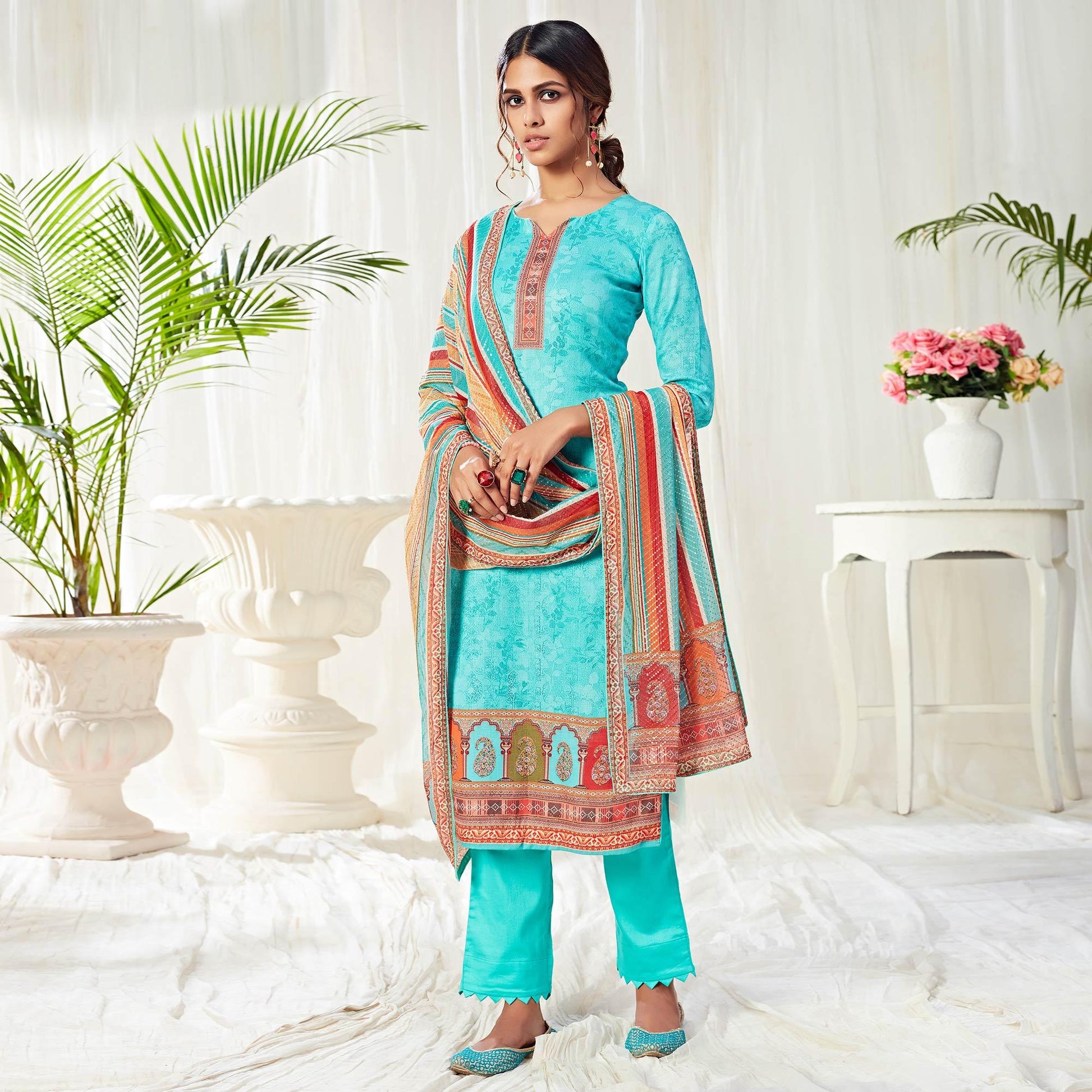 Flamboyant Auqa Blue Colored Partywear Digital Printed Cotton Suit