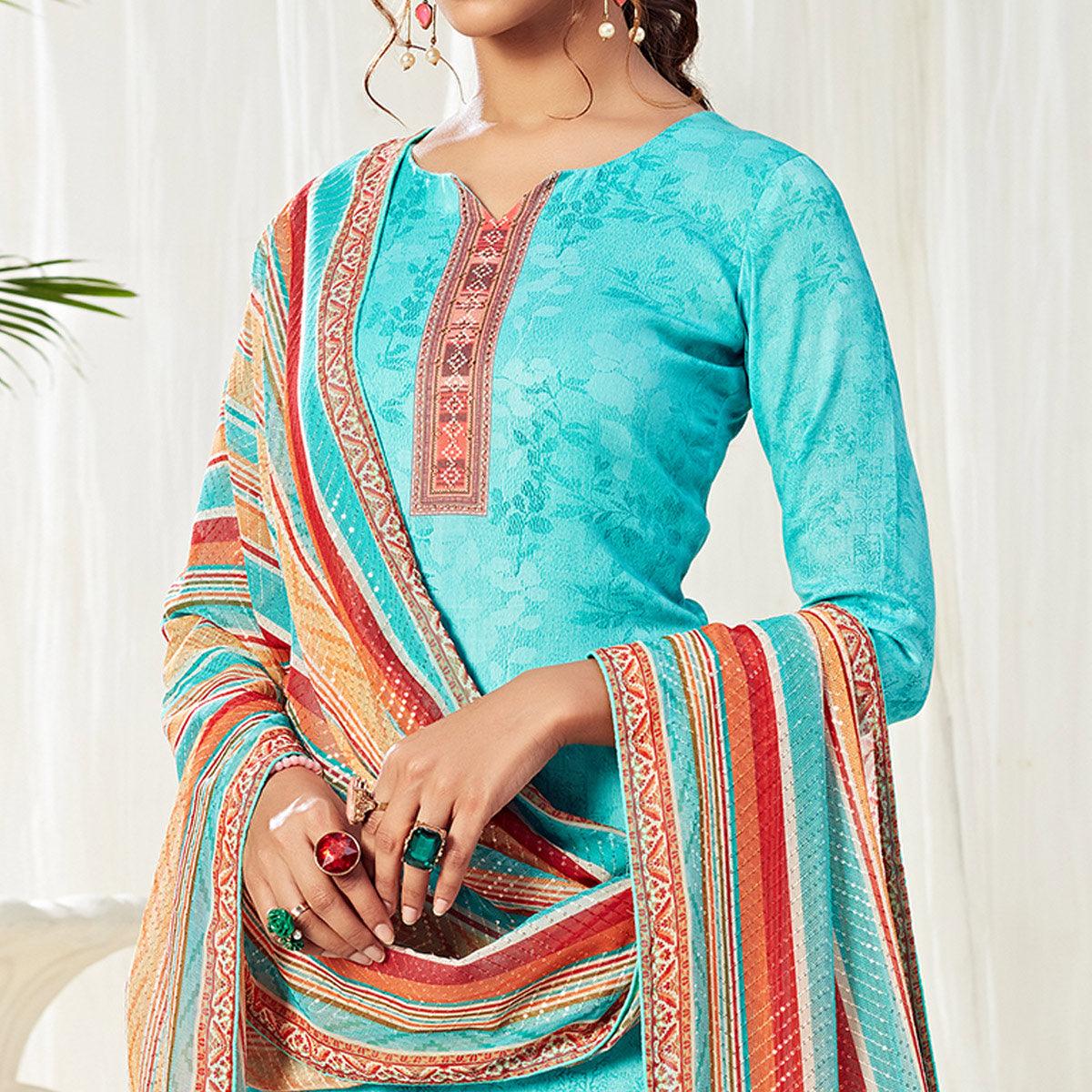 Flamboyant Auqa Blue Colored Partywear Digital Printed Cotton Suit