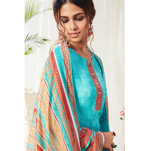 Flamboyant Auqa Blue Colored Partywear Digital Printed Cotton Suit