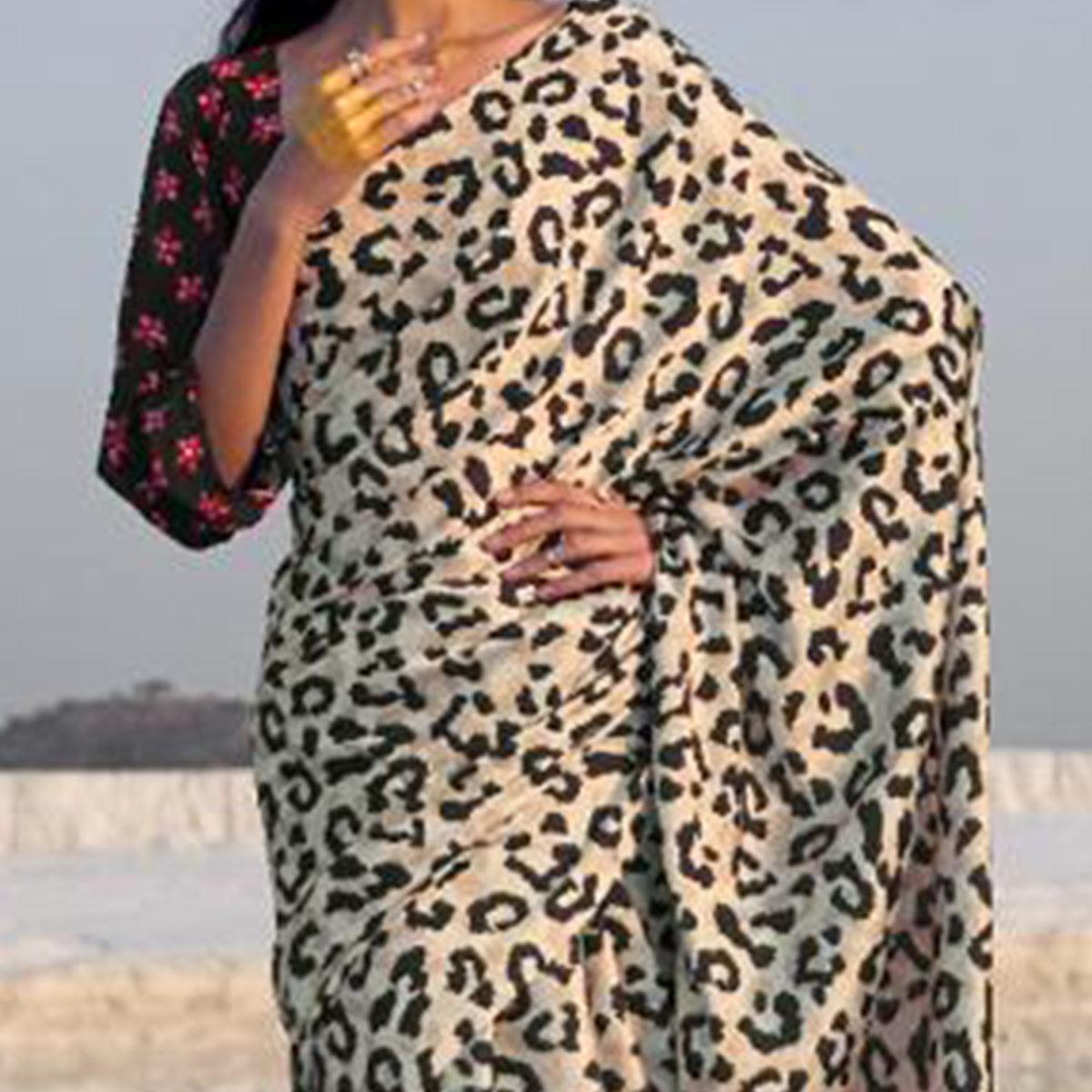 Flamboyant Beige -Black Colored Partywear Digital Printed Japan Satin Crepe Saree