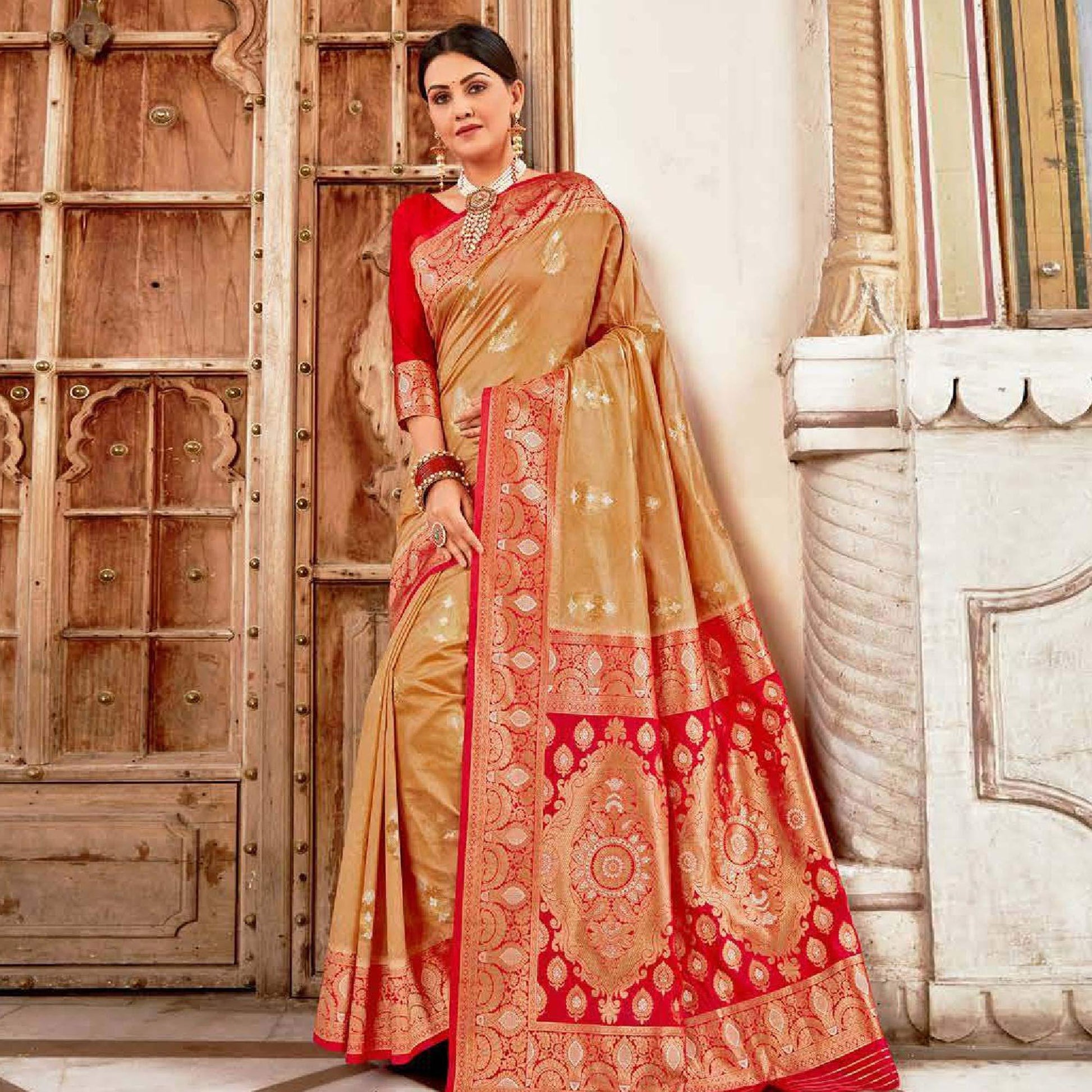 Flamboyant Beige Colored Festive Wear Woven Art Silk Saree