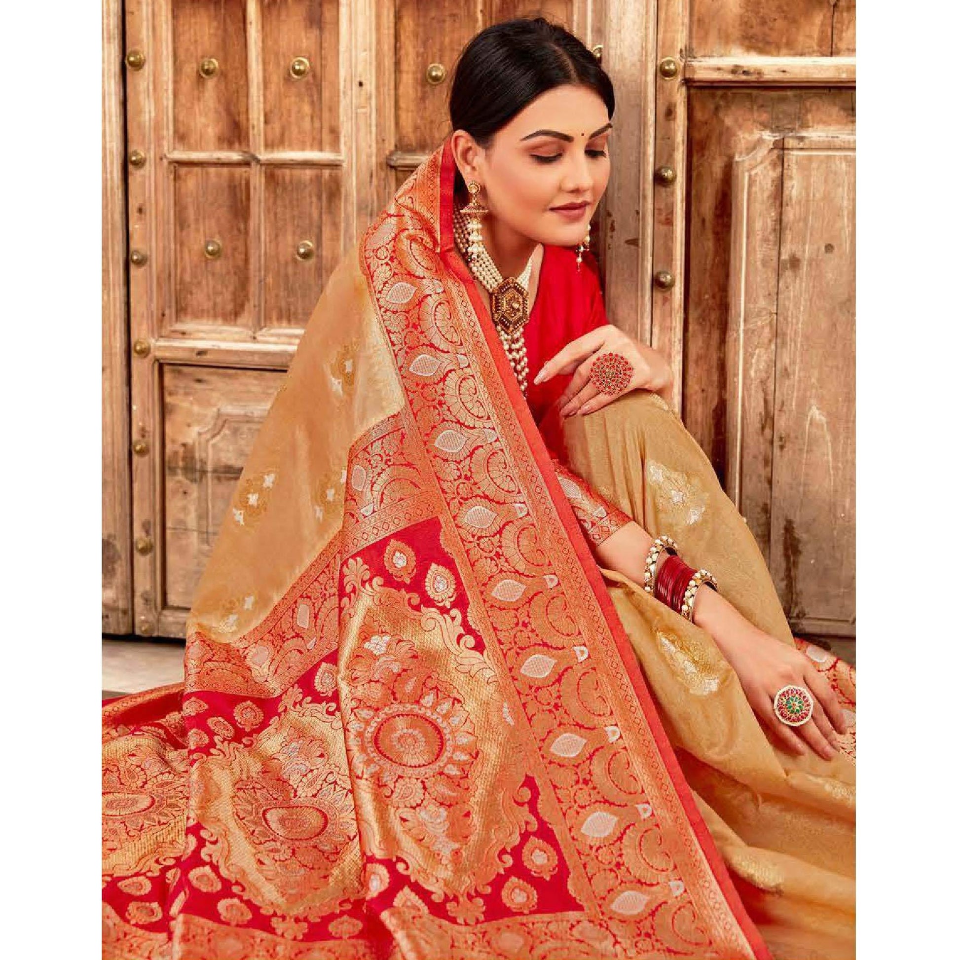 Flamboyant Beige Colored Festive Wear Woven Art Silk Saree