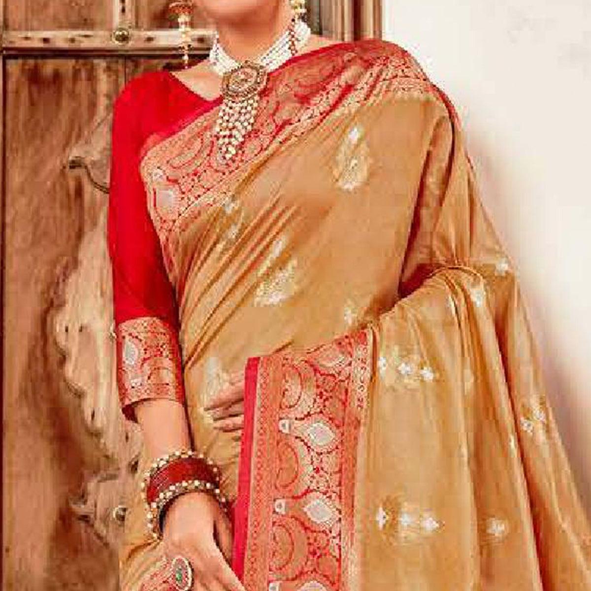 Flamboyant Beige Colored Festive Wear Woven Art Silk Saree