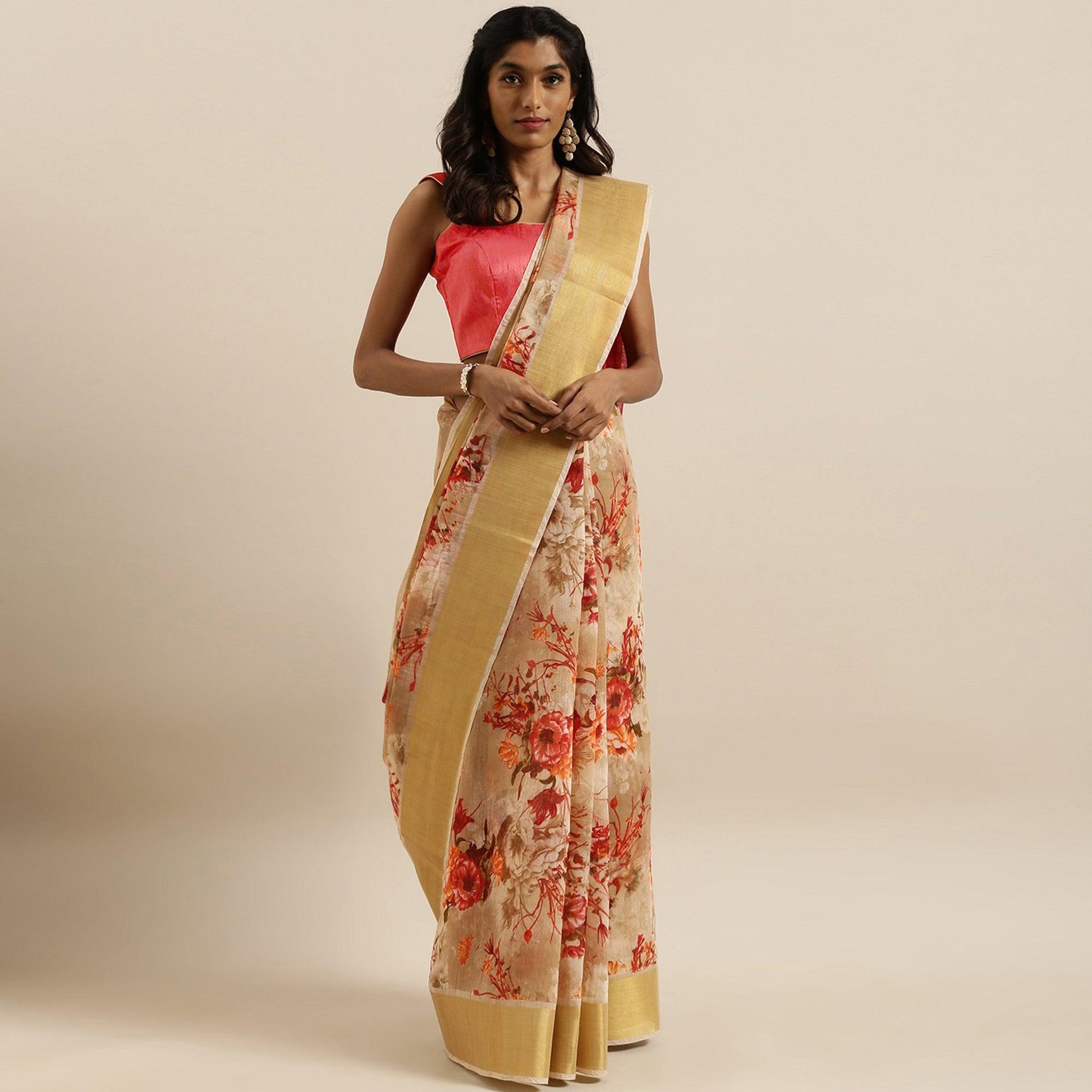 Flamboyant Beige Colored Partywear Digital Printed Linen Saree