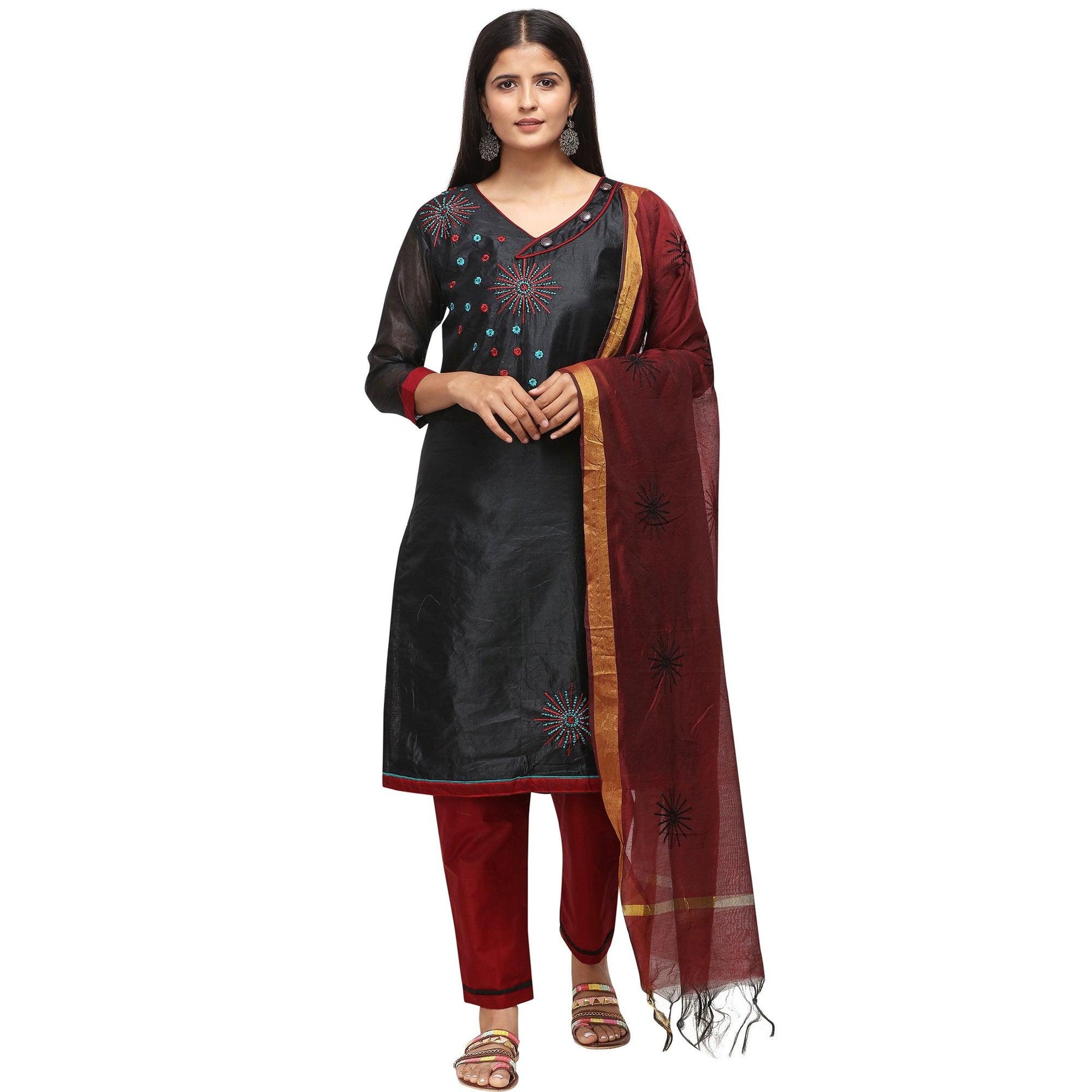 Flamboyant Black Colored Casual Wear Embroidered Chanderi Dress Material