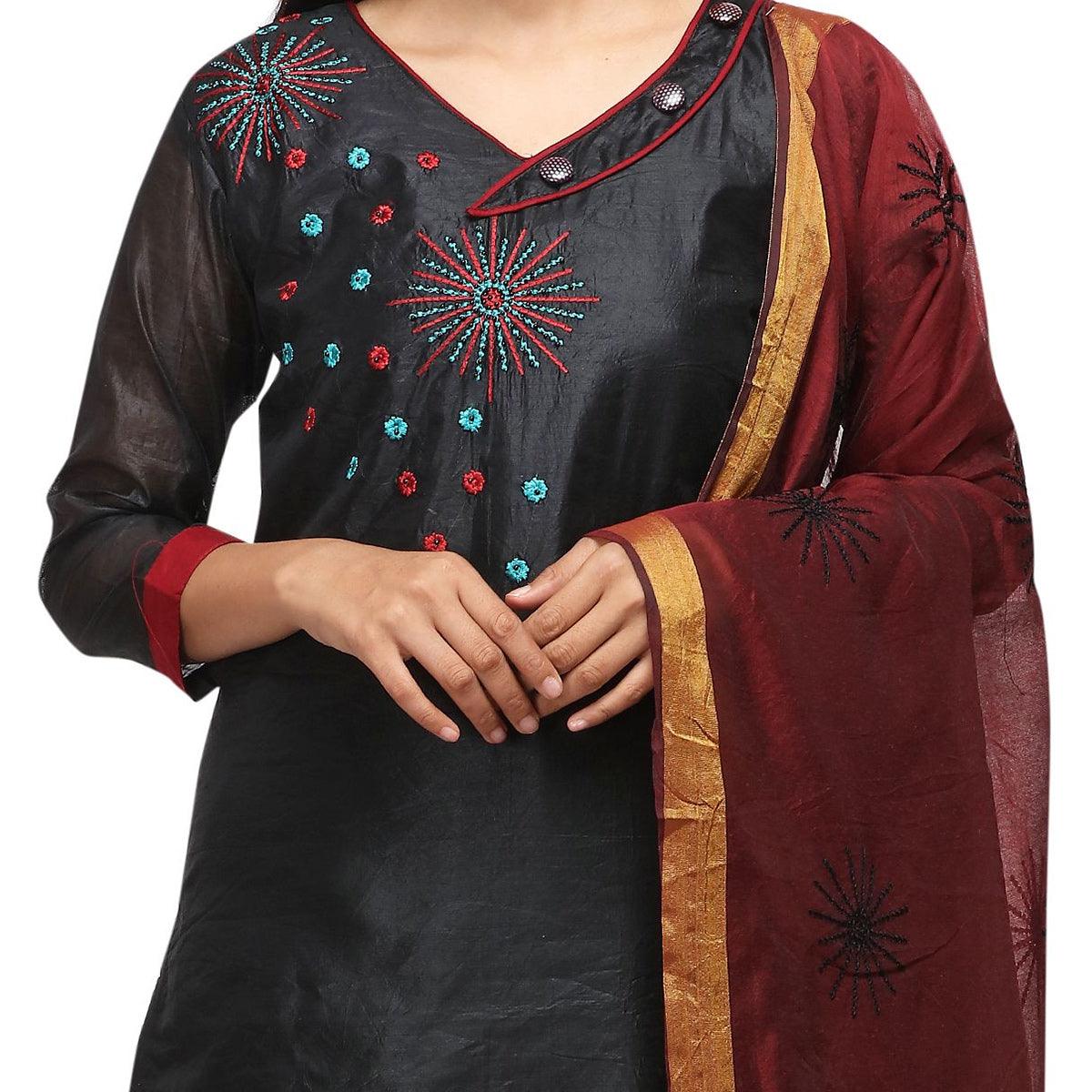 Flamboyant Black Colored Casual Wear Embroidered Chanderi Dress Material