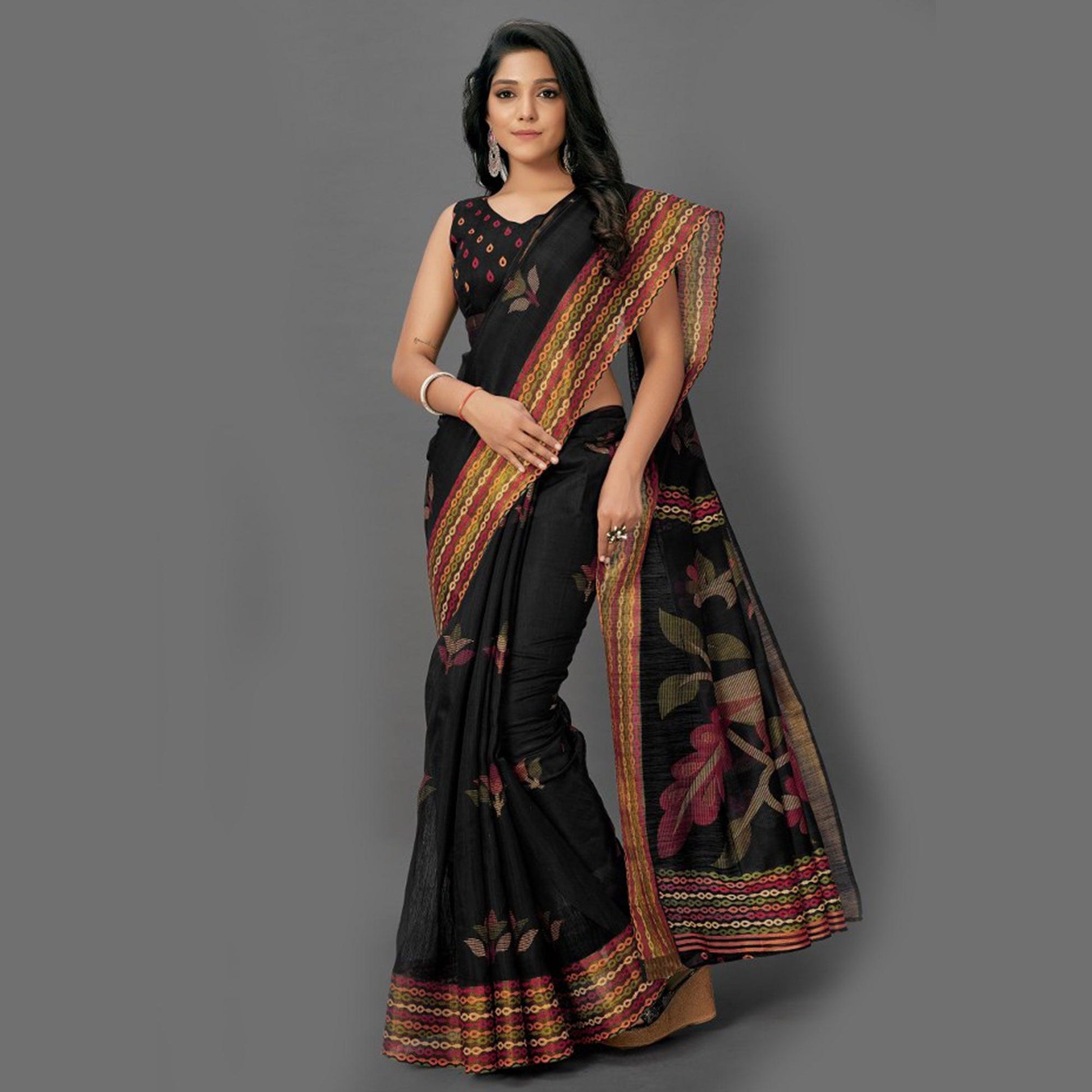 Flamboyant Black Colored Casual Wear Printed Cotton Saree