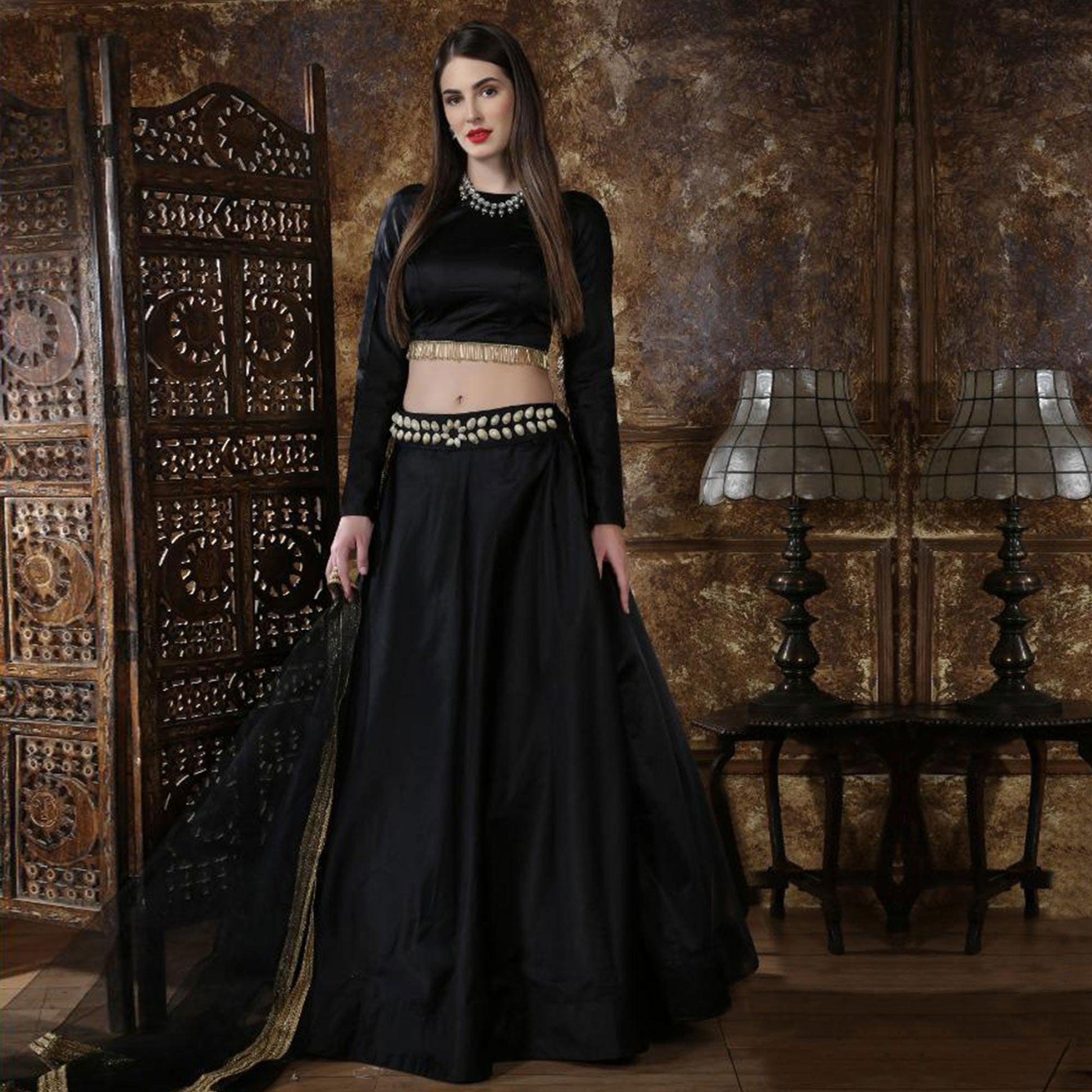 Flamboyant Black Colored Party Wear Taffeta Satin Lehenga Choli