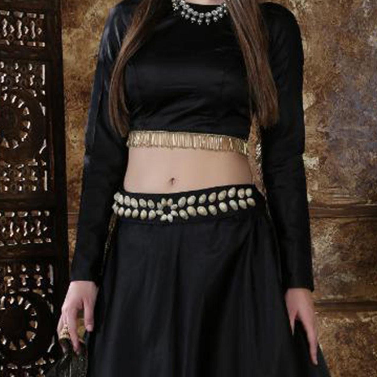 Flamboyant Black Colored Party Wear Taffeta Satin Lehenga Choli