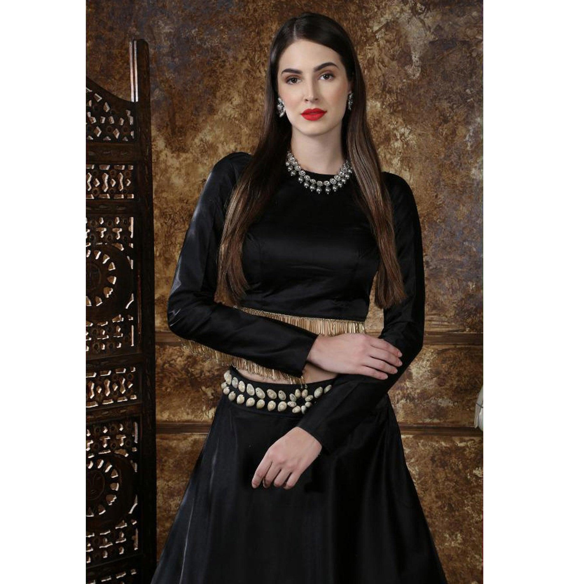 Flamboyant Black Colored Party Wear Taffeta Satin Lehenga Choli