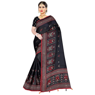 Flamboyant Black Coloured Festive Wear Printed Cotton Jute Saree