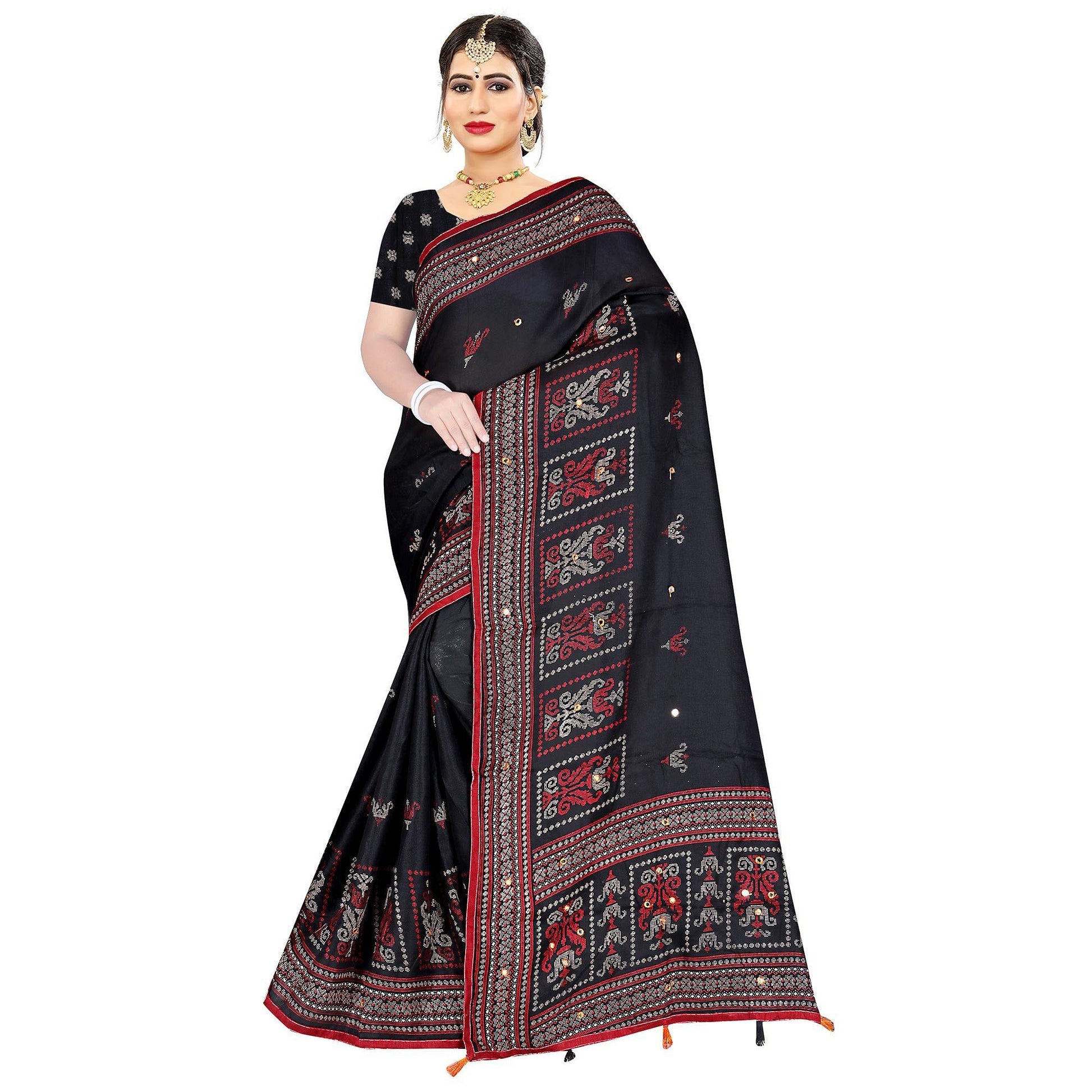 Flamboyant Black Coloured Festive Wear Printed Cotton Jute Saree
