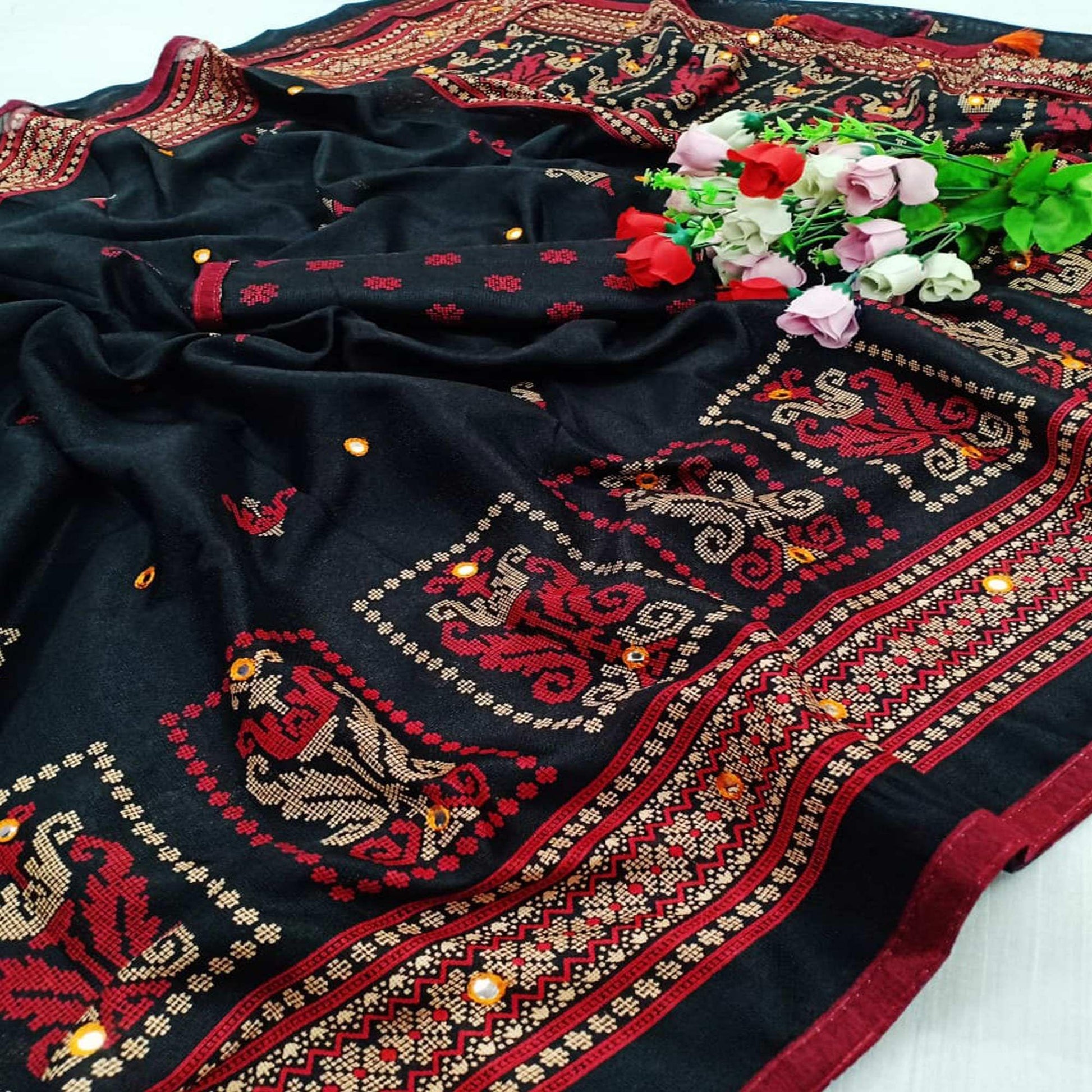 Flamboyant Black Coloured Festive Wear Printed Cotton Jute Saree