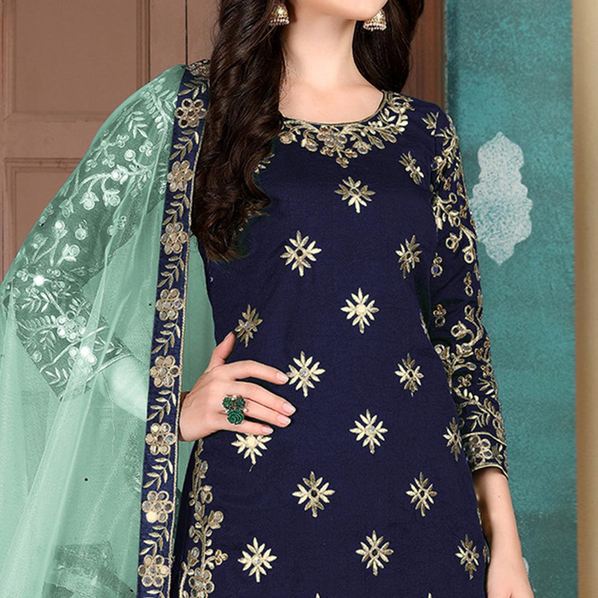 Flamboyant Blue Colored Designer Partywear Embroidered Heavy Art Silk Patiala Suit